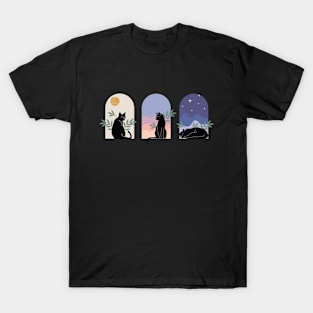 Boho minimalist black cats with plants - day, evening and night pack T-Shirt